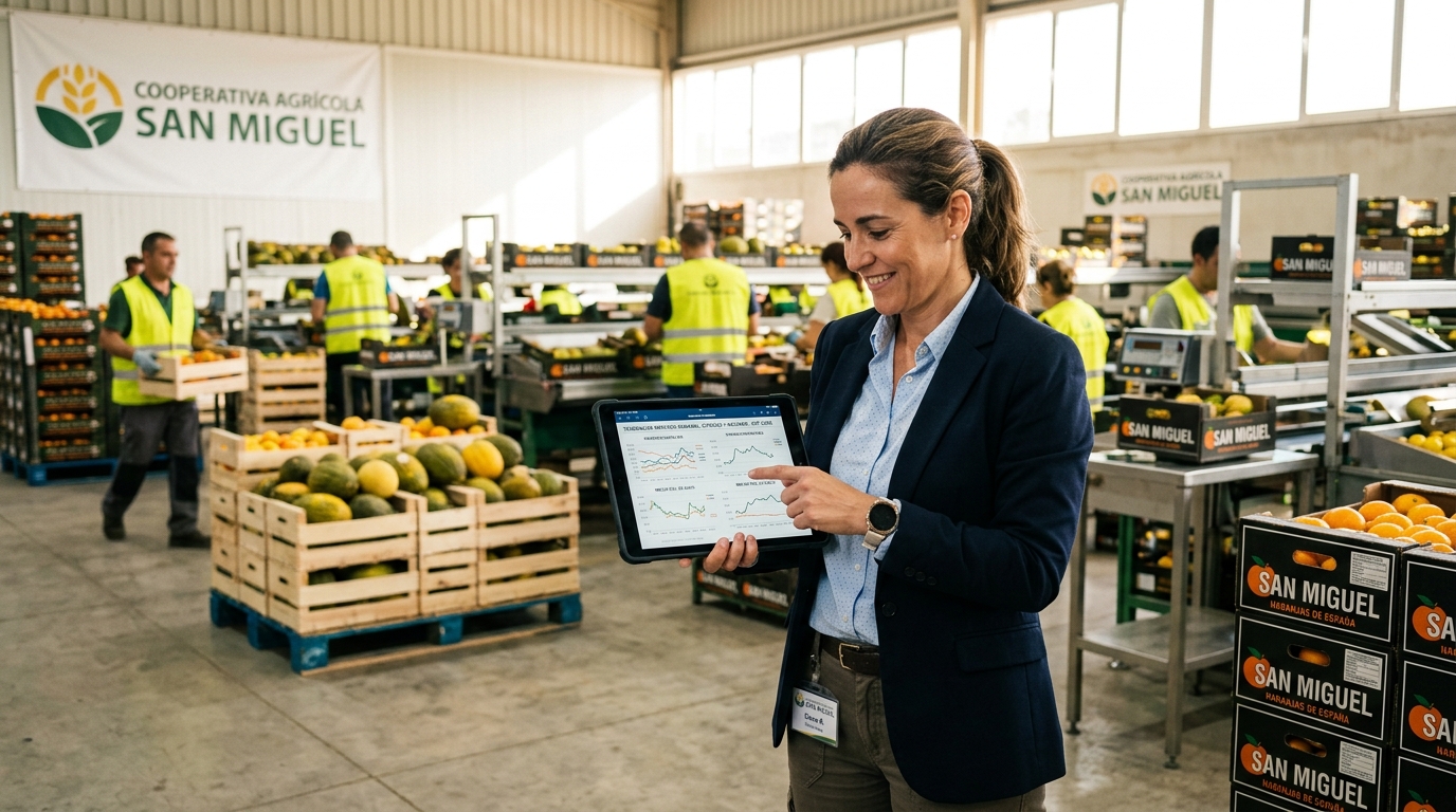 Gerente agrícola consultando precios de mercado en una tablet en un almacén de fruta